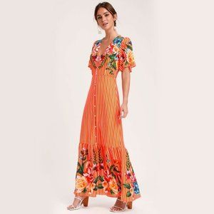 Lulu's Orange Striped Floral Button Up Maxi Dress